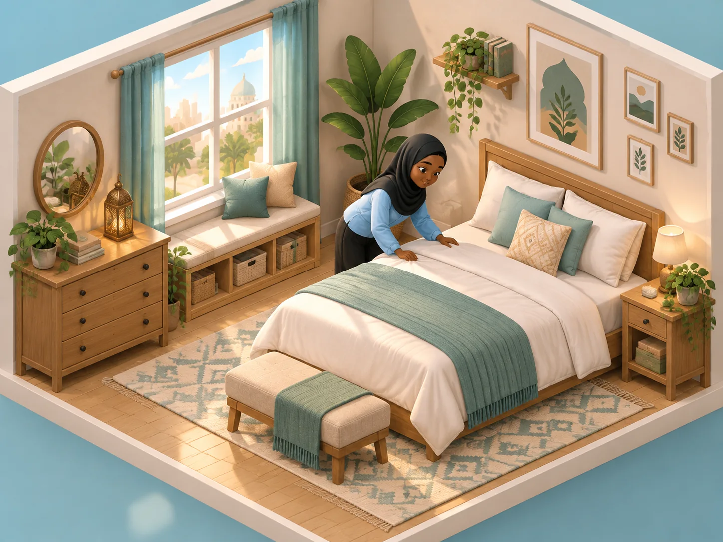 Illustration of Nandoro making a bed