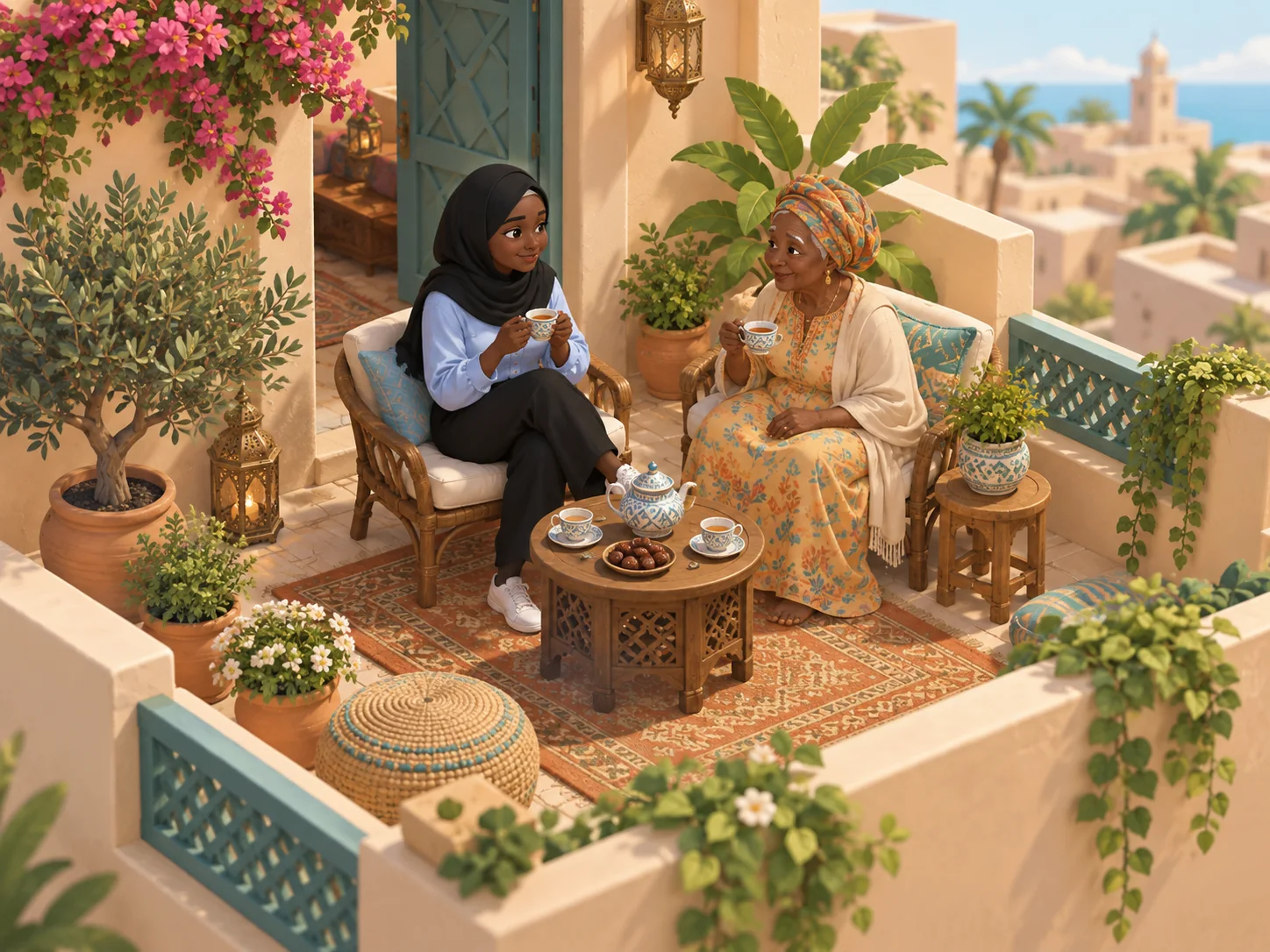 Illustration of Nandoro having tea with an older woman on a sunny terrace