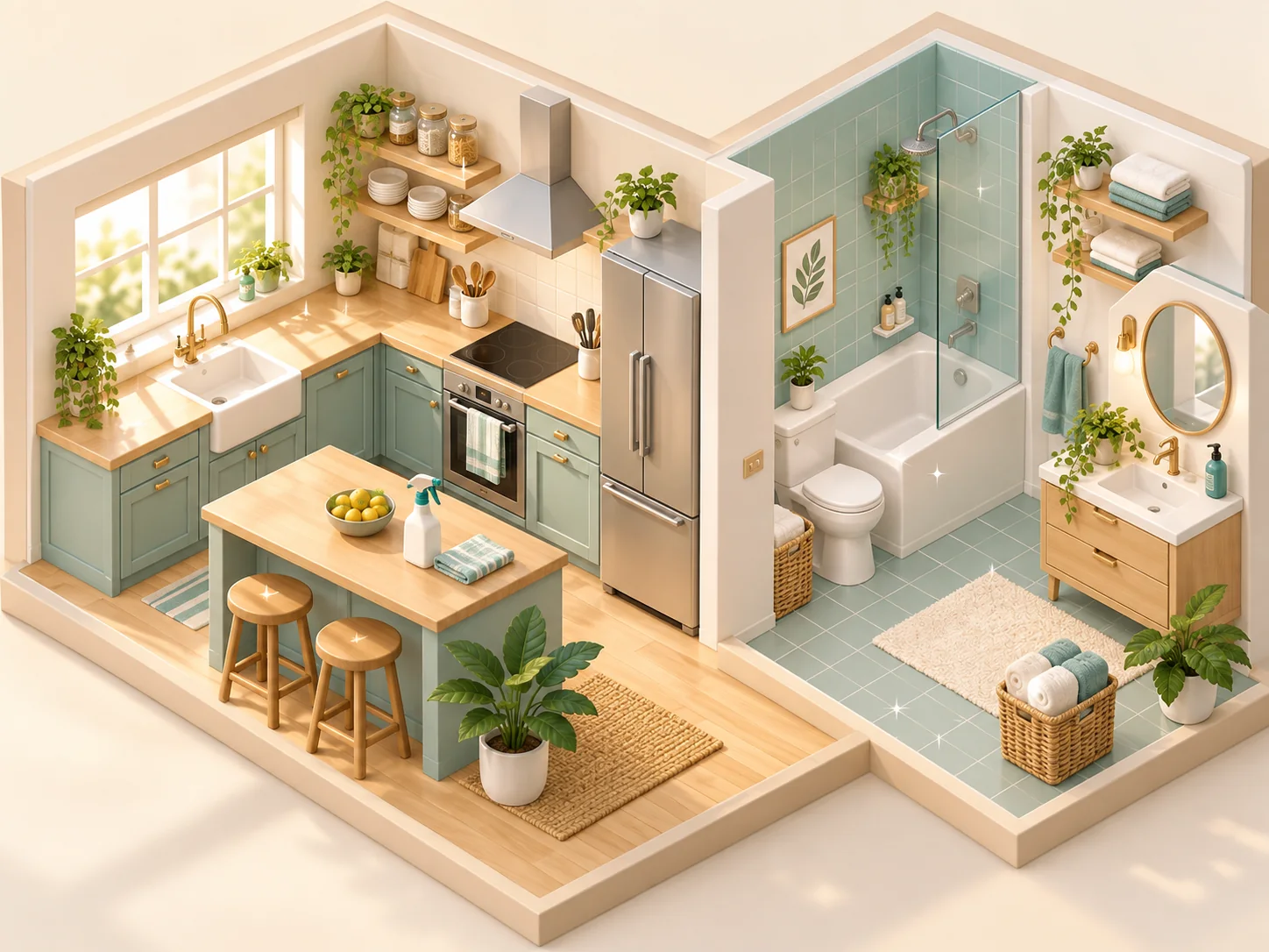Illustration of a clean kitchen and bathroom