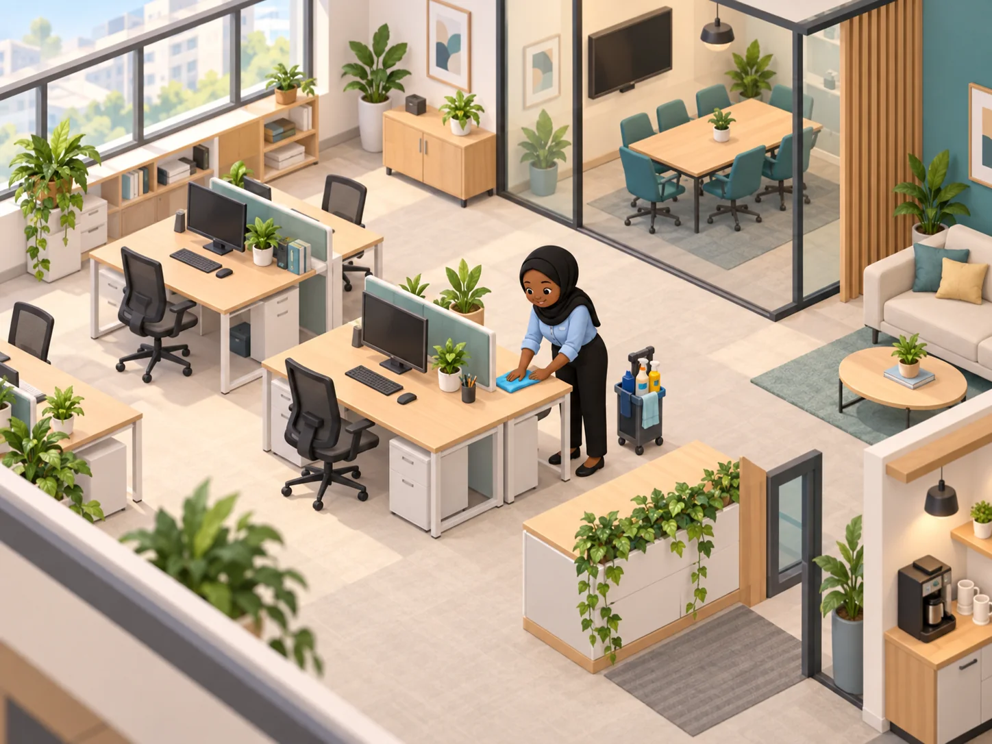 Illustration of Nandoro cleaning a desk in a bright office